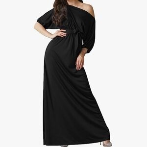 KOH KOHLong  One Shoulder Flowy 3/4  Sleeve Maxi Dress in Black Size M
